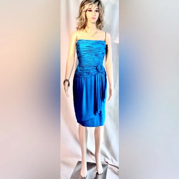 AJ BARI Vintage Blue Strapless mini cocktail dress Ruching Draping Quiet Luxury - Picture 2 of 13